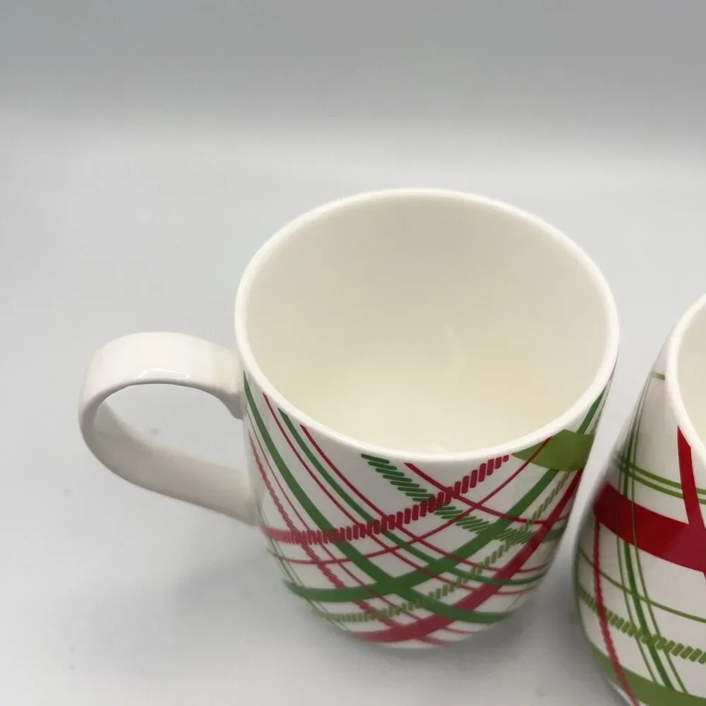 Crate & Barrel Red & Green Plaid Christmas Holiday Cups Mugs ~ Set of 2